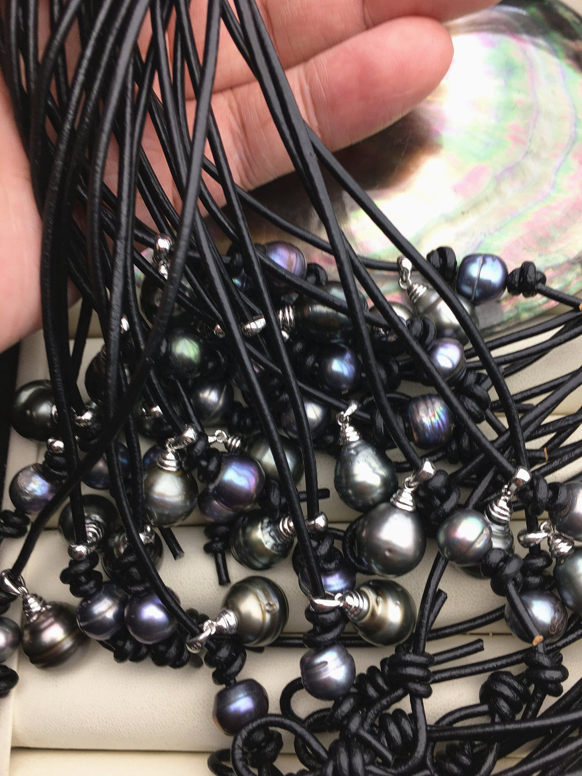 18'' 11-12mm big Tahitian Pearl Necklace,Black Leather necklace, S925 sterling silver pendant necklace,NPN1-004