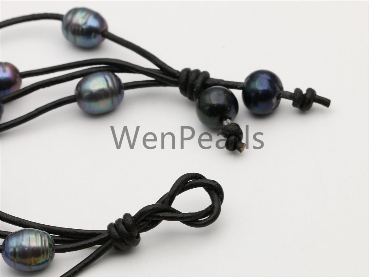 4 rows leather pearl bracelet,Select leather color,Handmade Cuff,Malachite Green Black Pearls on Brown Leather,Le7-090