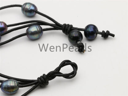 4 rows leather pearl bracelet,Select leather color,Handmade Cuff,Malachite Green Black Pearls on Brown Leather,Le7-090