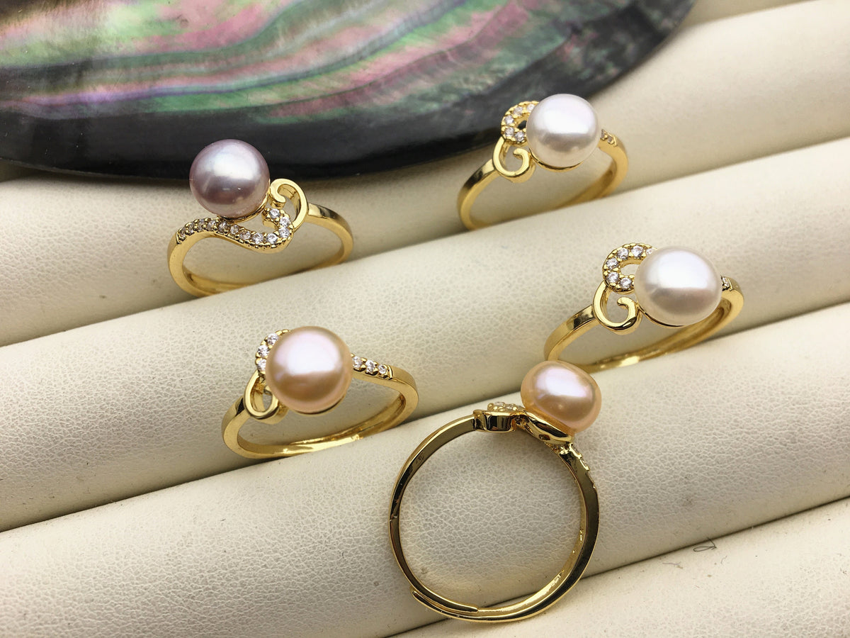 5pcs Gold Open white/pink/purple pearl ring,inexpensive engagement rings,fashion rings,fake diamond rings real pearls,R1-088-1