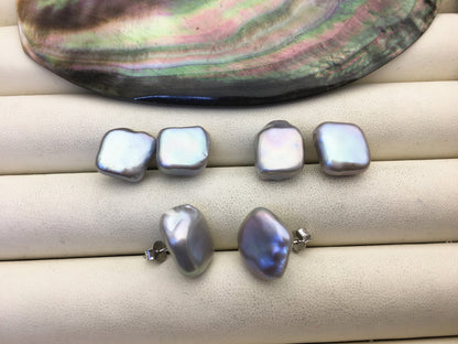 AAA 11.5-12.5mm gray Square baroque Pearl Stud Earrings,freshwater pearl earrings,Wedding,classic pearl studs,SE3-166