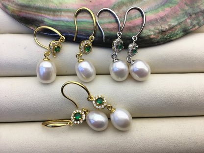 AAA 9mm White rice pearl cz stud earrings,zircon S925 Sterling Sliver pearl earrings,green stone earrings,SE3-002