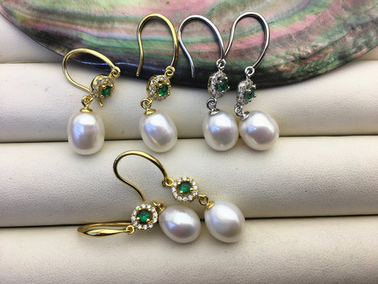 AAA 9mm White rice pearl cz stud earrings,zircon S925 Sterling Sliver pearl earrings,green stone earrings,SE3-002