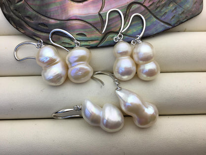 1 pair AAA 11-13mm White gourd baroque pearl dangle earrings,S925 Sterling Sliver dangle earrings,wedding pearl earrings,SE3-014