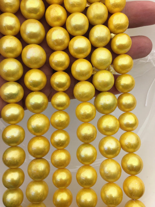15.5'' AA 12-15mm yellow gold round baroque Edison Freshwater Pearl,ED13-2A-1