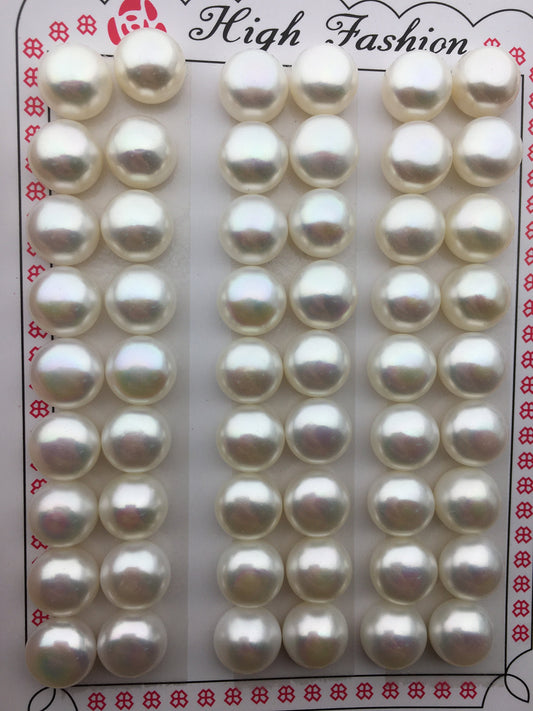 2 pairs AAA+ 9.5-10mm button round freshwater pearls pairs,earring material,flat back pearl pair,half drilled,BTN9-4A-2