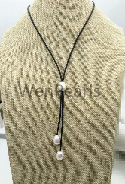 Freshwater Pearl and Leather Lariat Necklace, Light Brwon Leather Pearl necklace, Leather baroque pearl necklace,Le4-004