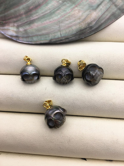 1pc 10-12mm Natural Color HandMade Carved Skull Tahitian Sea Pearl Beads For necklace pendant earrings,NC1-T2