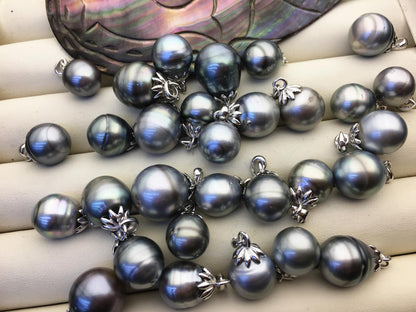 1pc 9-14mm Gray Genuine Tahitian Pearl Pendant, natural color sea pearl,pearl necklace - 925 silver chain - NC1-018