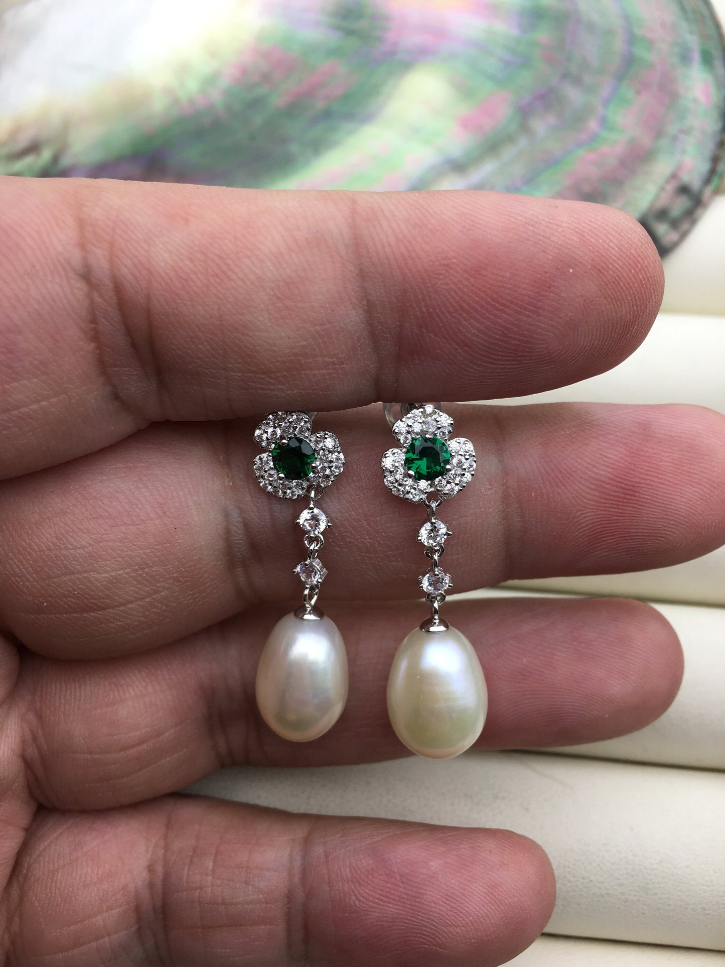 AAA 9mm White rice pearl cz stud earrings,zircon S925 Sterling Sliver pearl earrings,green stone earrings,SE3-100