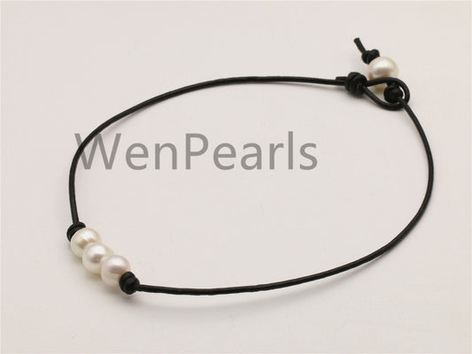 Three pearl Leather Pearls choker necklace - Genuine freshwater pearl - Real leather - wen pearls - Le4-003