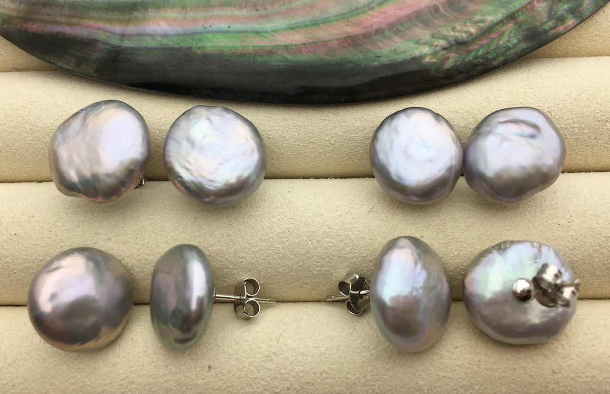 AA+ 12-14.5mm Gray Thick Coin Fresh Water pearl stud earrings,S925 Sterling Silver,dangle pearl earrings,SE3-186-2