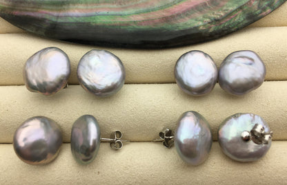 AA+ 12-14.5mm Gray Thick Coin Fresh Water pearl stud earrings,S925 Sterling Silver,dangle pearl earrings,SE3-186-2