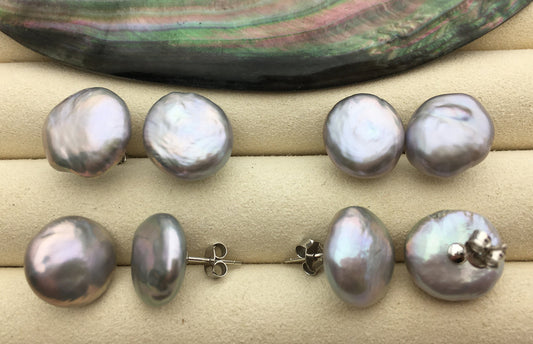 AA+ 12-14.5mm Gray Thick Coin Fresh Water pearl stud earrings,S925 Sterling Silver,dangle pearl earrings,SE3-186-2