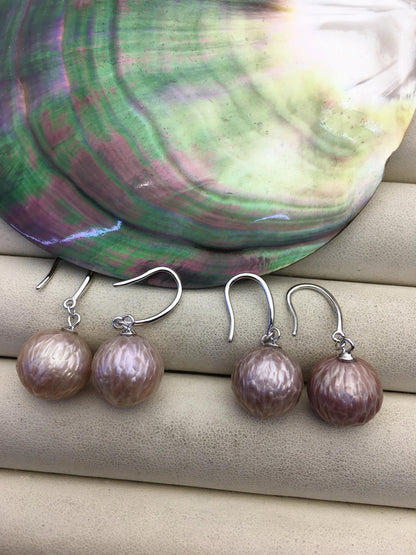 1 pair AAA 11-13/13-14mm purple handmade carved round pearl dangle earrings,S925 sterling silver earrings,SE3-T4