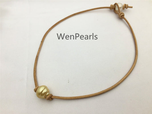 South Sea Golden Pearl Choker,Leather Necklace,High Luster pearl, Pearl Leather Necklace,Black Pearl,Black Leather Pearl necklace,Le11-014
