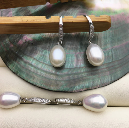 AAA 9mm White rice pearl cz dangle earrings,zircon S925 Sterling Sliver pearl earrings,pearl for women for girl,SE3-044