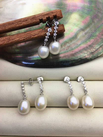 AAA 9mm White rice pearl cz stud earrings,zircon S925 Sterling Sliver pearl earrings,pearl for women for girl,SE3-T26