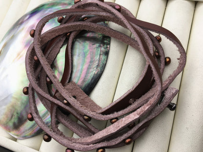 17 inches pearl leather Bracelet, Handmade Cuff,brown Pearls on Brown Leather,B8-059