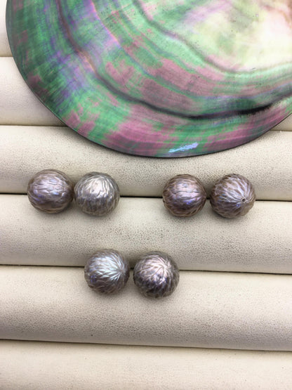 1 pair AAA 12-13mm Gray HandMade Carved Freshwater Pearl Beads For Earrings,CAC-T4