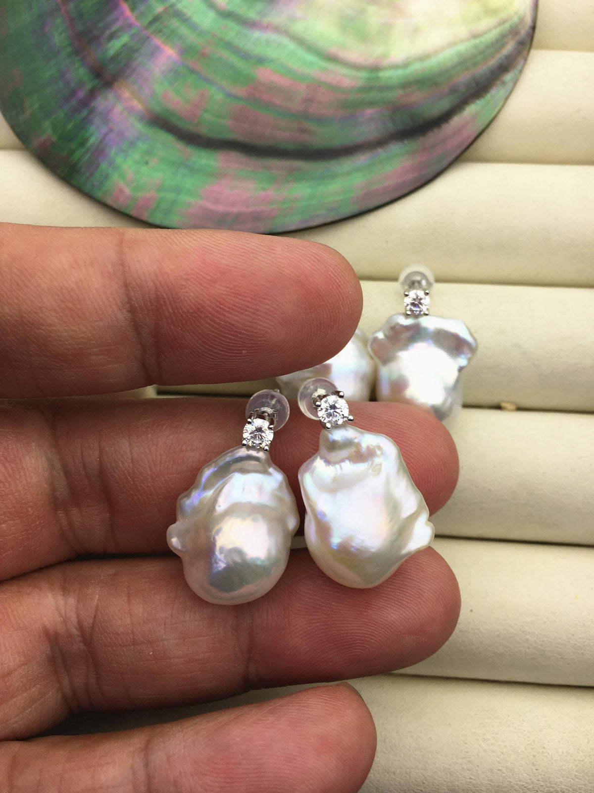 1 pair AAA 13-16mm flame ball pearl diamond stud earrings,sterling silver,earring with white baroque Natural Pearl,SE3-031-16