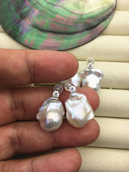 1 pair AAA 13-16mm flame ball pearl diamond stud earrings,sterling silver,earring with white baroque Natural Pearl,SE3-031-16