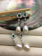 AAA 9mm White rice pearl cz stud earrings,zircon S925 Sterling Sliver pearl earrings,green stone earrings,SE3-100