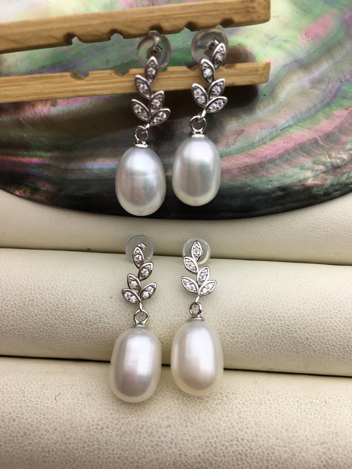 AAA 9mm White rice pearl Leaf cz stud earrings,S925 Sterling Sliver pearl earrings,pearl for women for girl,SE3-103