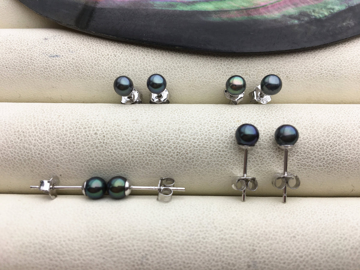 AAA 4-4.5mm tiny blue black ROUND pearl stud earrings,Sterling Silver,SE1-T12
