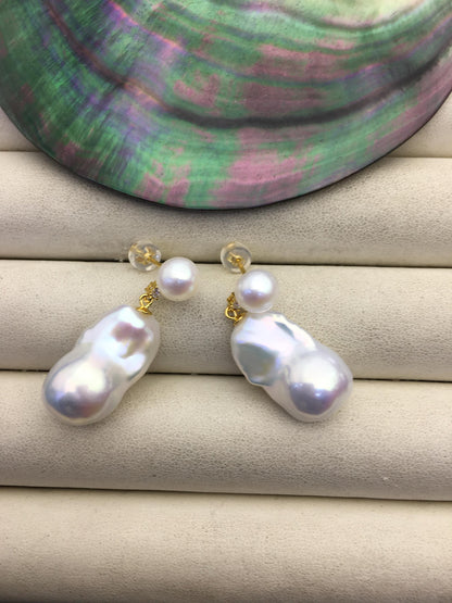 1 pair AAA 13-16mm flame ball pearl diamond stud earrings,sterling silver,earring with white baroque Natural Pearl,SE3-031-37