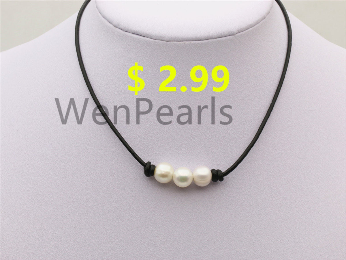 Three pearl Leather Pearls choker necklace - Genuine freshwater pearl - Real leather - wen pearls - Le4-003