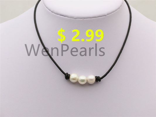 Three pearl Leather Pearls choker necklace - Genuine freshwater pearl - Real leather - wen pearls - Le4-003