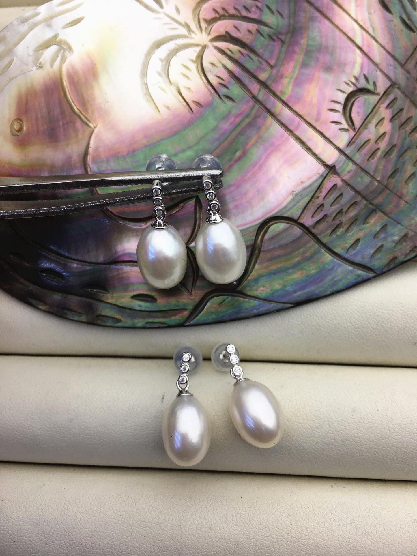 AAA 9mm White rice pearl cz stud earrings,zircon S925 Sterling Sliver pearl earrings,pearl for women for girl,SE3-065