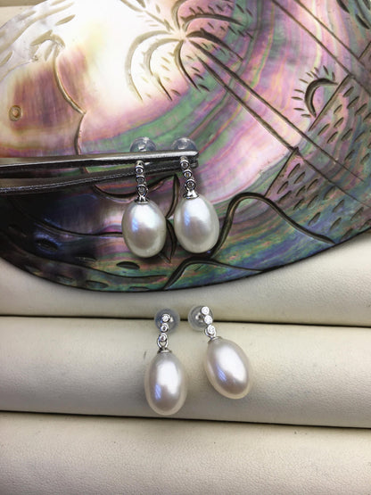 AAA 9mm White rice pearl cz stud earrings,zircon S925 Sterling Sliver pearl earrings,pearl for women for girl,SE3-065
