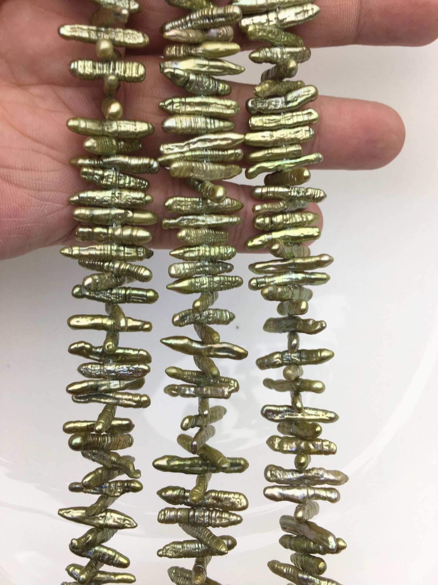 AA 3-4mm green Biwa Pearl Necklace,Genuine Fresh Water Pearl,Wedding Necklace,Mothers Day,ZS-80-10-30