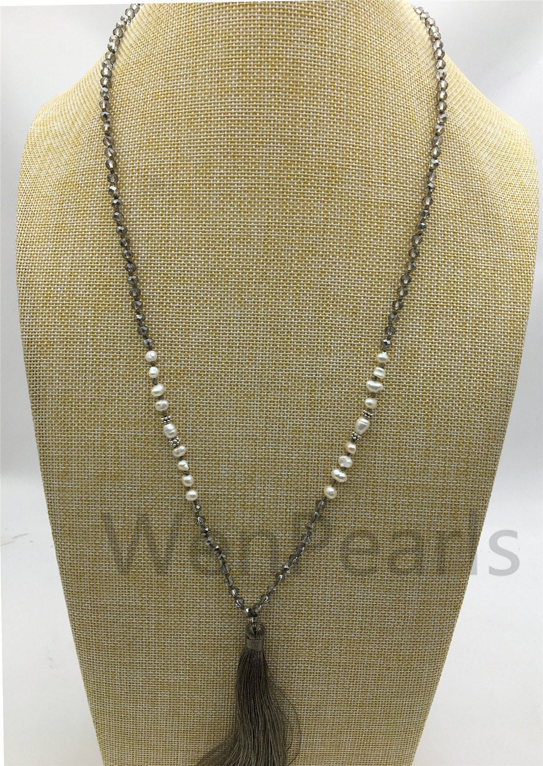 32'' pearl and gray crystal necklace,high luster freshwater pearls,freshwater pearl,rice pearl,wholesale,NPN5-001-4