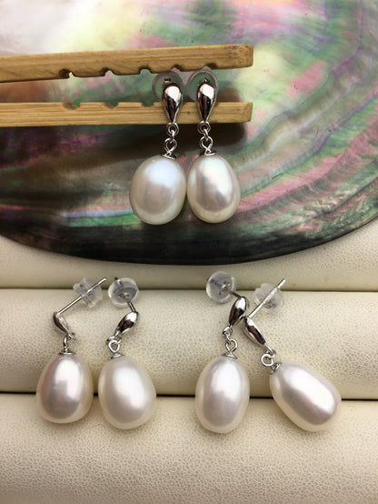 1 pair AAA 9-10mm white rice pearl dangle earrings,S925 Sterling Sliver pearl earrings,pearl for women,SE3-096