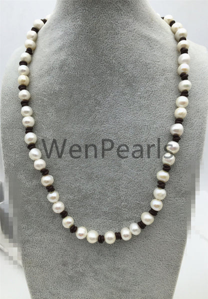 Freshwater Pearl and leather necklace,leather hand knotted necklace,Genuine Freshwater Pearl Necklace,white pearl necklace,wholesale,Le4-011
