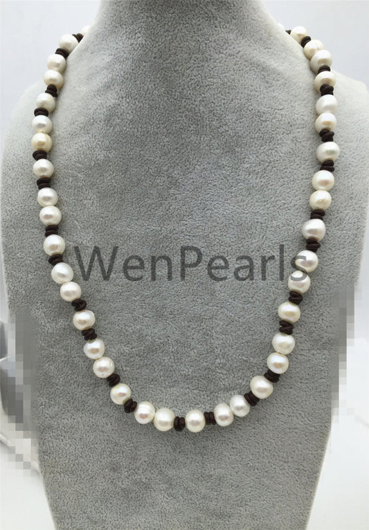 Freshwater Pearl and leather necklace,leather hand knotted necklace,Genuine Freshwater Pearl Necklace,white pearl necklace,wholesale,Le4-011