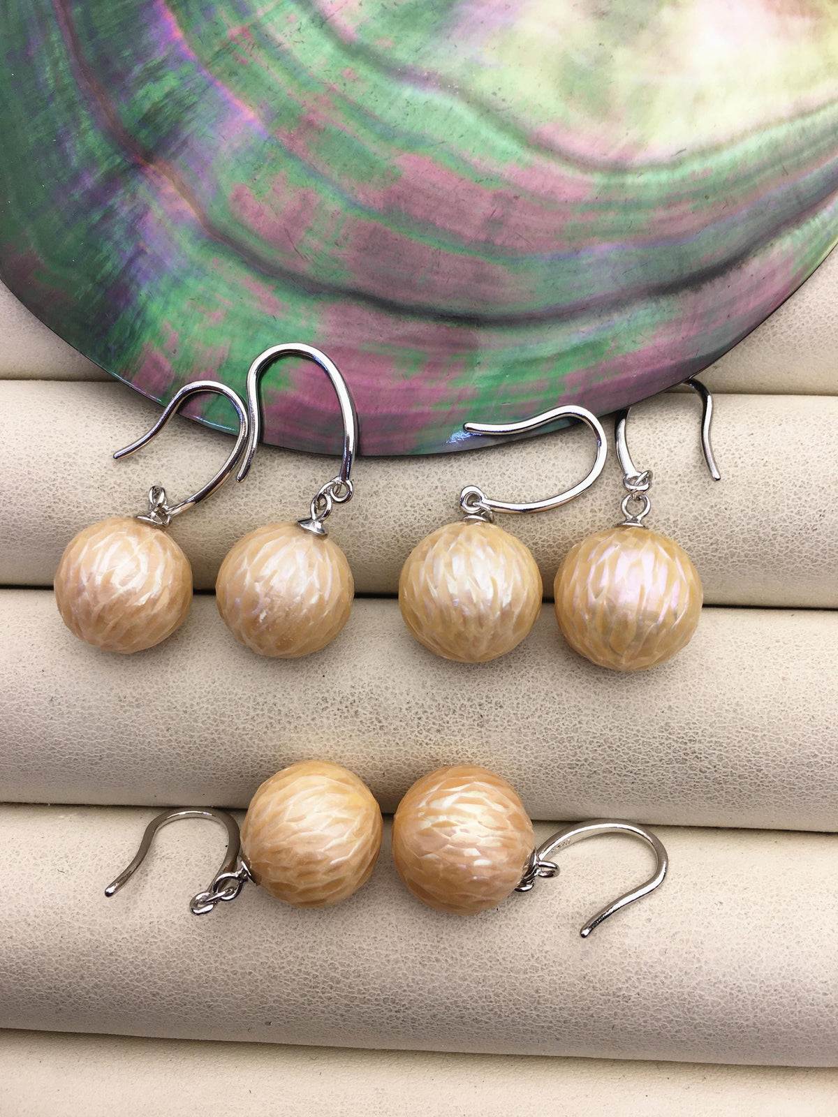 1 pair AAA 11-13mm orange handmade carved round pearl dangle earrings,S925 sterling silver earrings,SE3-T9-48
