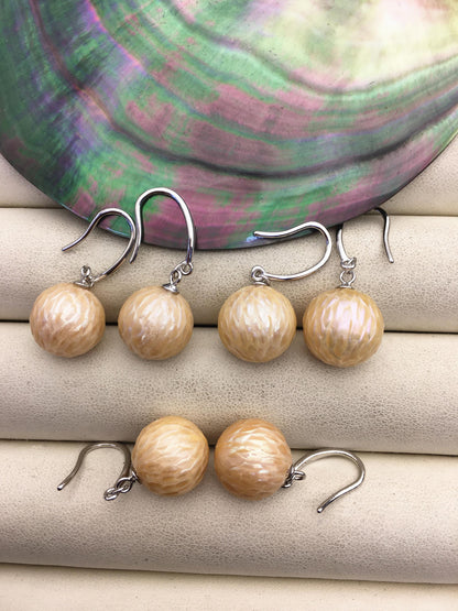 1 pair AAA 11-13mm orange handmade carved round pearl dangle earrings,S925 sterling silver earrings,SE3-T9-48