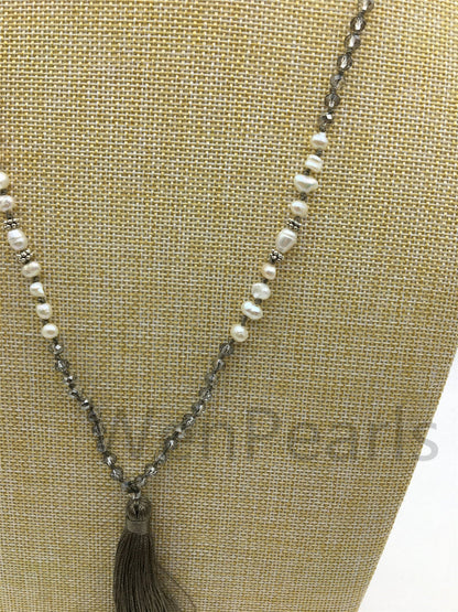 32'' pearl and gray crystal necklace,high luster freshwater pearls,freshwater pearl,rice pearl,wholesale,NPN5-001-4