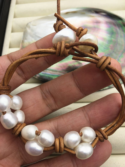 Rice white pearl leather necklace,twisted leather pearl bracelet, knotted freshwater pearl bracelet,Leather Pearls Bracelet,Le21-004