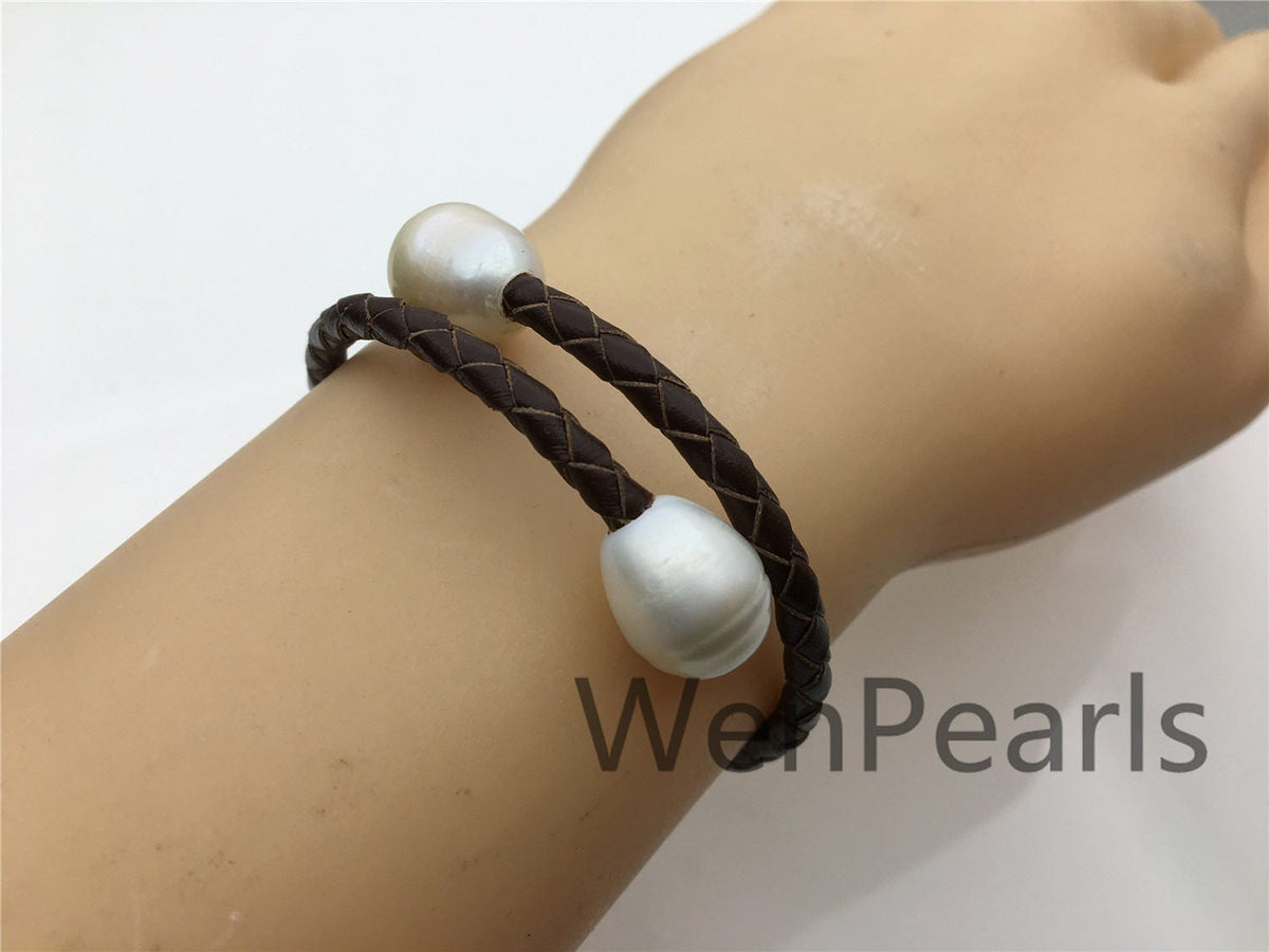 Two Pearl Adjust Length Leather Bracelet,Leather pearl Bracelet-genuine freshwater pearl - Real leather - Le20-001