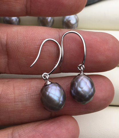 AAA 9-10mm gray handmade carved rice pearl dangle earrings,Sterling Silver,dangle pearl earrings,wedding earring,bridal,birthday,SE3-042