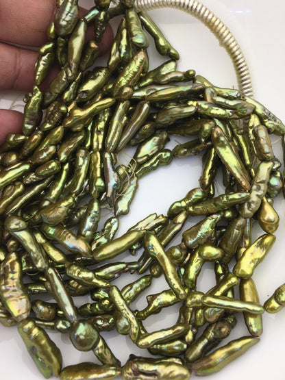 AA 6-8mm green toothpick Biwa Pearl Necklace,Genuine Fresh Water Pearl,Wedding Necklace,Mothers Day,ZS-80-10-57