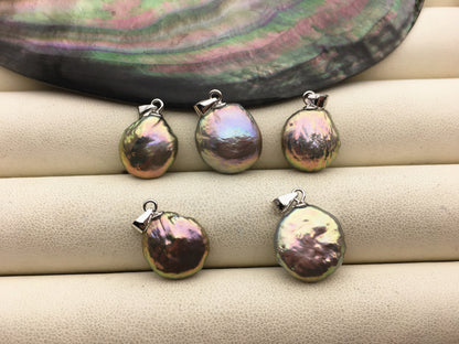 1pc 12-14mm rainbow coin freshwater pearl pendant necklace,S925 Sterling silver pendant,NC1-T40