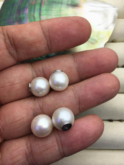 1 pair AA+ 11-12mm White round edison silver freshwater pearl Pair,ED11-3A-2-33