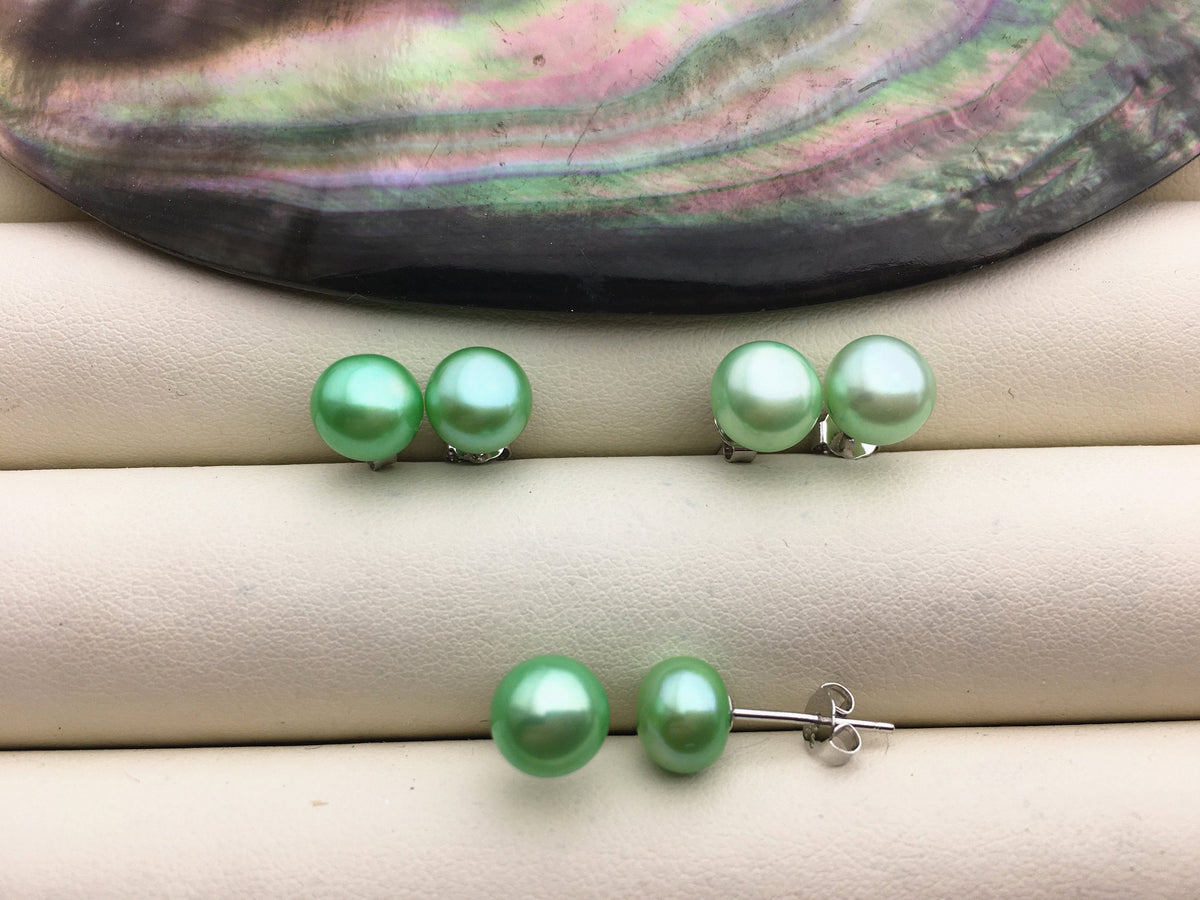 AAA 8-8.5mm Green Button Round Pearl stud earrings,Sterling Silver,SE1-022
