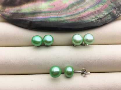 AAA 8-8.5mm Green Button Round Pearl stud earrings,Sterling Silver,SE1-022